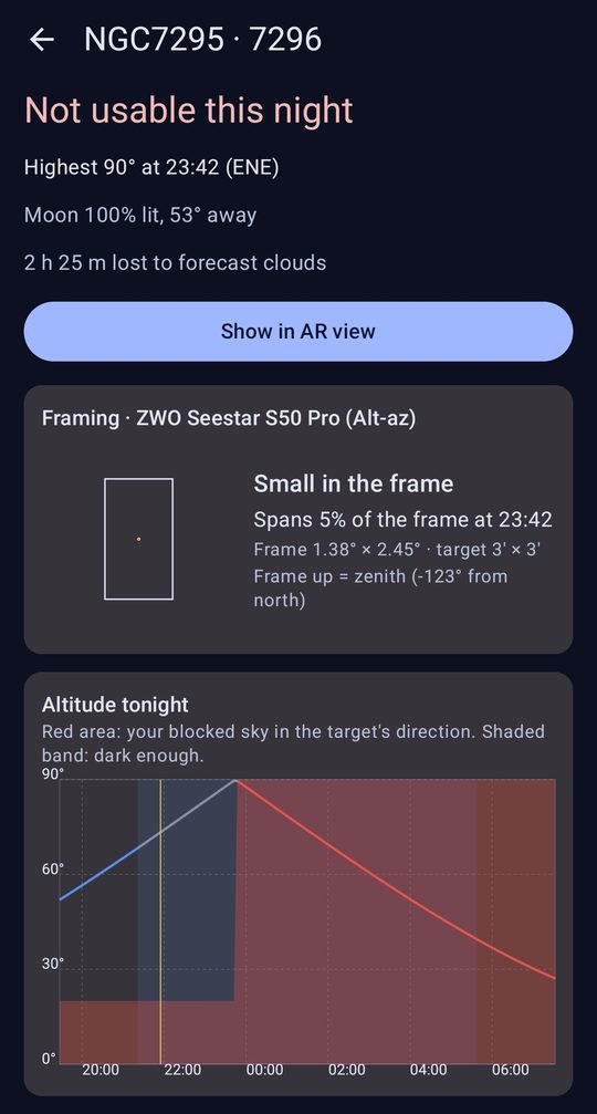 Framing for a Seestar S50 Pro and time lost to forecast clouds